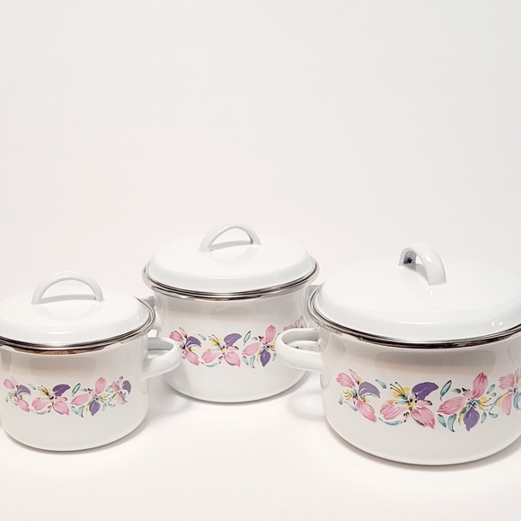 Vintage NEW enamel floral mini stock pots with lids - Picture 2 of 12
